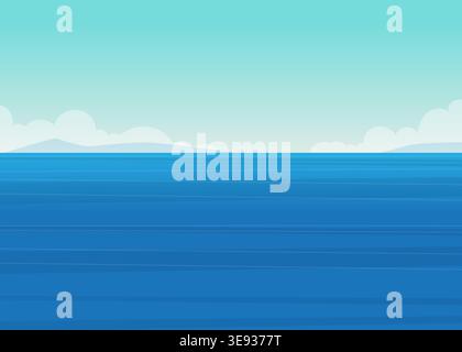 A serene horizontal background featuring stylized blue ocean waves, white clouds, and a bright light blue horizon. Stock Vector