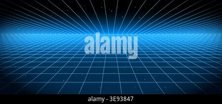 Bright blue glow neon wireframe background. Glowing checkered grid floor plane in perspective. Retro shining futuristic horizon wallpaper. Arcade game sci fi matrix landscape surface. Vector backdrop Stock Vector