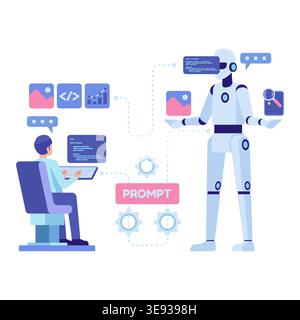 Person Interacting with AI Via Prompt Engineering for Content and Data Analysis. Prompt Engineering Concept Stock Vector