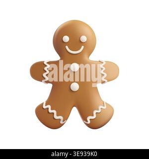 3D gingerbread man, festive Christmas cookie white icing. Realistic food render, holiday sweet winter baking. Cute character, smile face. Traditional Stock Vector