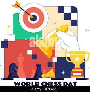 World Chess Day Vector Illustration Strategy Game Concept With Chess Pieces, Board, Trophy and Competition Theme For International Celebration Design Stock Vector