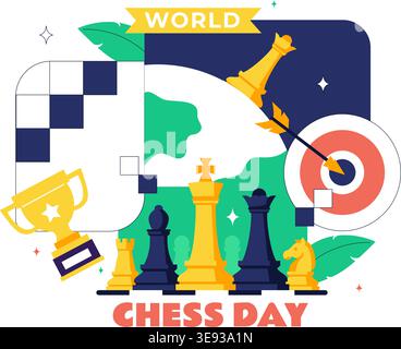 World Chess Day Vector Illustration Strategy Game Concept With Chess Pieces, Board, Trophy and Competition Theme For International Celebration Design Stock Vector