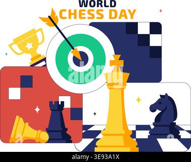 World Chess Day Vector Illustration Strategy Game Concept With Chess Pieces, Board, Trophy and Competition Theme For International Celebration Design Stock Vector