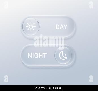 Glassmorphism UI component showcasing day night switch with crescent moon symbol, liquid like borders, and futuristic 3D design for digital screen Stock Vector