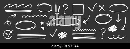 Arrow, highlight marker stroke set. Marker pen line hand drawn brush stroke sketch circle, underline, arrow. Doodle check, cross, highlight scribble round icon on chalkboard. Vector illustration Stock Vector