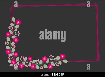 Pink Fuchsia Rectangular Framed Or Wreath With Love Pink Fuchsia Flowers And Leaves Stock Vector