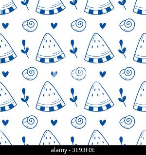 Watermelon and shell seamless pattern blue line art doodle summer beach background for textile print Stock Vector
