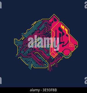 graphic of tiger head combined with electronic board pattern Stock Vector