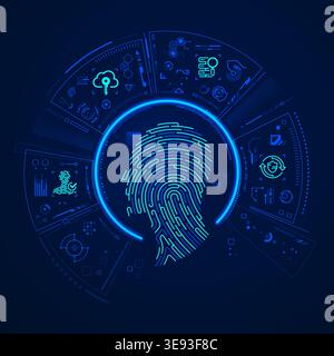 concept of biometrics or digital forensics technology, graphic of fingerprint combined with man head and futuristic element Stock Vector