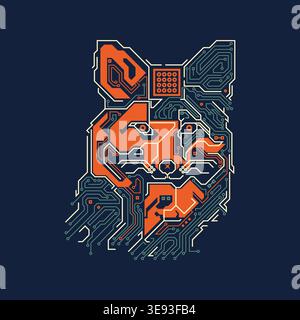 graphic of fox head combined with electronic board pattern Stock Vector