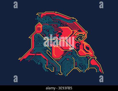 graphic of gorilla head combined with electronic board pattern Stock Vector