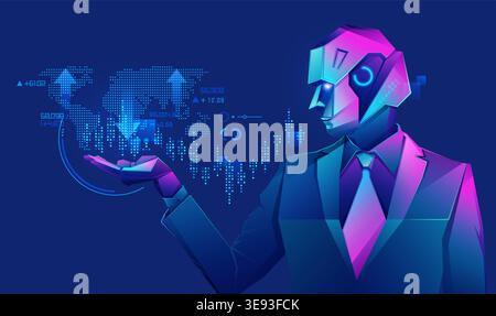 concept of robot trading technology, graphic of robot businessman using fintech interface presented in cyberpunk character style Stock Vector
