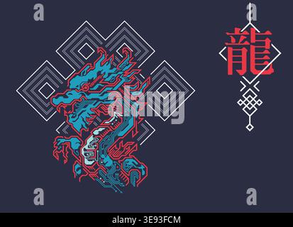 Chinese zodiac sign of dragon, Graphic of colorful futuristic dragon with traditional Chinese element, Chinese word refers to dragon Zodiac Stock Vector