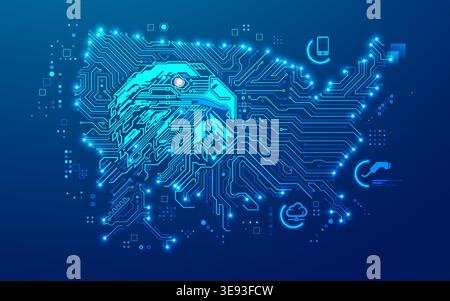 concepts of USA technology or tech war, graphic of eagle combined with electronic united states map Stock Vector
