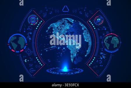 concept of global communication technology, graphic of futuristic globe with technology interface Stock Vector