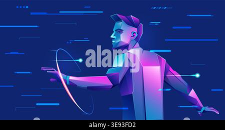 concept of digital transformation or deep learning, graphic of futuristic man with tech element presented in cyberpunk character style Stock Vector