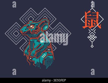 Chinese zodiac sign of rat, Graphic of colorful futuristic rat with traditional Chinese element, Chinese word refers to rat Zodiac Stock Vector