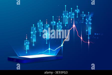 concept of online trading or robot trading, graphic of device with futuristic candlestick and lighting element Stock Vector