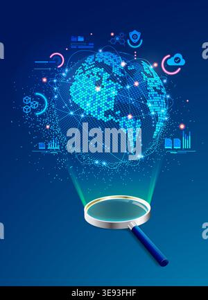 concept seo or big data analysis, graphic of magnifying glass with futuristic world technology Stock Vector