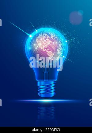 concept of communication technology or digital transformation, graphic of realistic light bulb with futuristic globe inside Stock Vector