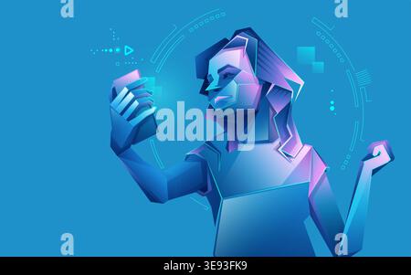 concept of social media communication, graphic of girl using mobile for chat, message and selfie Stock Vector