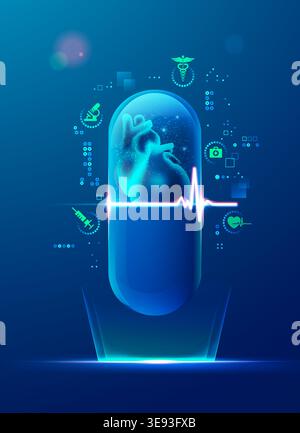 cocnept of heart medications or cardiology, graphic of pill with human heart inside Stock Vector
