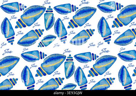 hand painted marine design on white background. watercolor seamless pattern with seashells and gold accents.coastal and nautical aesthetic. Stock Photo