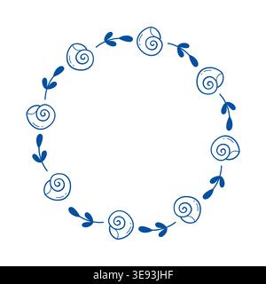 Seashell frame vector blue line art doodle round nautical wreath for summer invitation Stock Vector