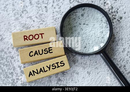 Top view of Root Cause Analysis text on wooden blocks. Root cause analysis concept Stock Photo
