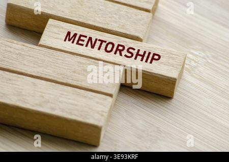 Mentorship word on wood blocks, capturing the core value of guiding others through experience, care, and wisdom in personal or professional growth Stock Photo
