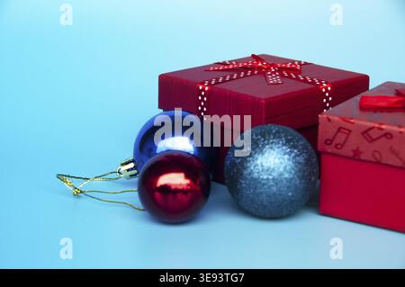 Christmas presents on blue color background with customizable space text Stock Photo