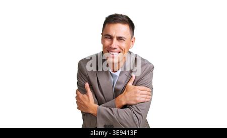 Smiling man hugging himself feeling comfort and happiness Stock Photo