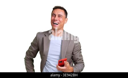 Man laughing holding red mobile phone having fun Stock Photo