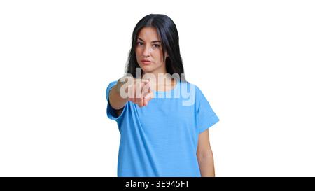Young woman blaming pointing finger choosing person Stock Photo