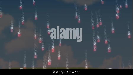Streaming binary columns falling across dusky sky with clouds, dusk settling, showing red digits Stock Photo