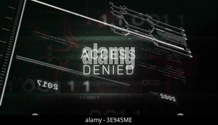 Displaying ACCESS DENIED message centered on screen, showing circuit traces, code110011, UI tiles Stock Photo