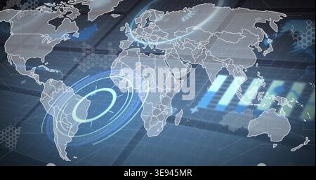 Displaying stylized world map overlay on navy grid, showing radar rings over eastern South America Stock Photo