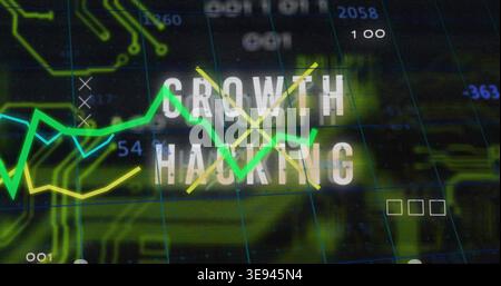Displaying GROWTH HACKING headline glowing on dashboard, showing neon charts, yellow X, blue grid Stock Photo