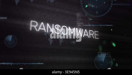 Displaying central word RANSOMWARE blurring over dark security interface, with world map and radar Stock Photo