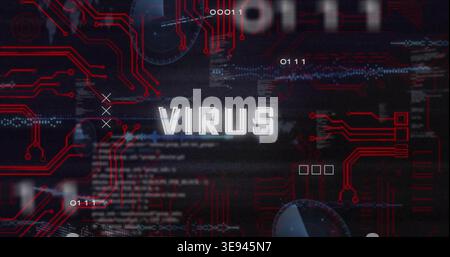 Displaying central VIRUS text glitching in cyber interface, showing red circuits, binary code, HUD Stock Photo
