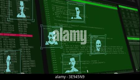 Displaying central GUI overlaying facial headshots on green code on monitor, showing redacted lines Stock Photo
