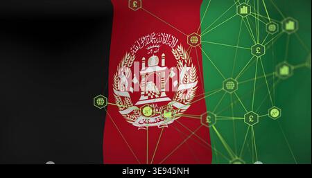 Displaying Afghan national flag in digital composition, showing neon-green network and emblem Stock Photo