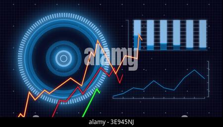 Displaying futuristic dashboard on dark navy grid, showing glowing circular HUD and colored graphs Stock Photo