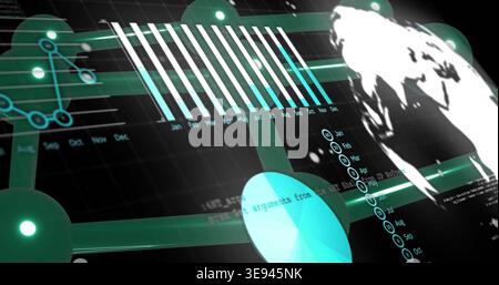 Displaying data dashboard in virtual UI, showing Jan-Dec bars, pie chart, world map, nodes Stock Photo
