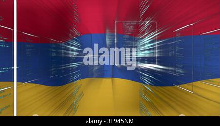 Displaying large rippling tricolor surface with floating glass panels in gallery, with code streaks Stock Photo