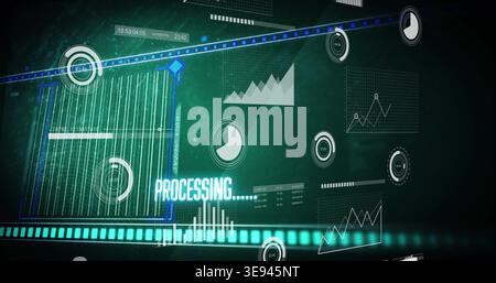 Displaying central striped data panel on teal HUD, showing cyan PROCESSING and floating gauges Stock Photo