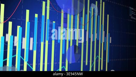 Displaying bar chart with red and teal lines and blue overlays on office monitor, code column Stock Photo