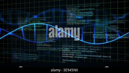 Glowing neon-blue waveform sweeping across green grid on digital dashboard, showing code overlays Stock Photo