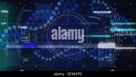Displaying sci-fi HUD filling center of digital screen, showing circular reticle, node arcs, panels Stock Photo