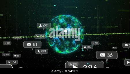 Rotating faceted globe pulsing in analytics display, streaming dotted data and notification bubbles Stock Photo